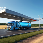 **

"A futuristic hydrogen filling station on a highway in Germany. Sleek, modern design with a focus on renewable energy integration. A hydrogen-powered truck is filling up, with a wind farm in the background. The scene should convey innovation and sustainability. Photo-realistic style."

**
