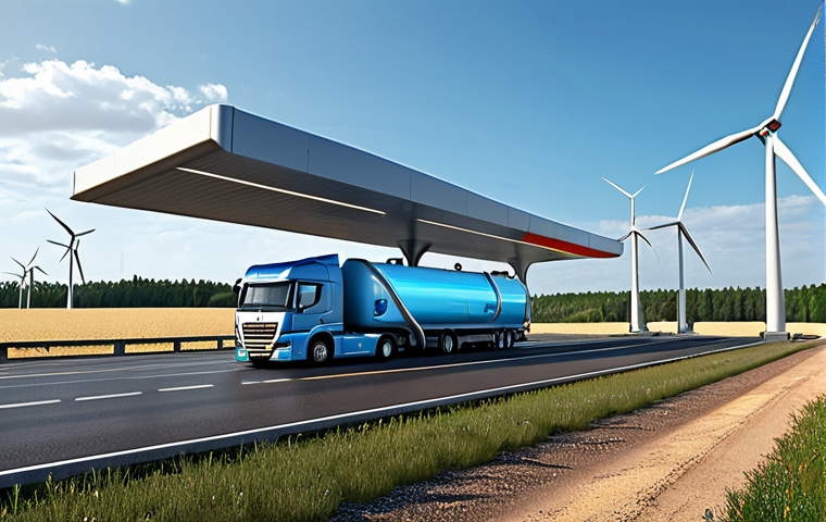 **
"A futuristic hydrogen filling station on a highway in Germany. Sleek, modern design with a focus on renewable energy integration. A hydrogen-powered truck is filling up, with a wind farm in the background. The scene should convey innovation and sustainability. Photo-realistic style."
**