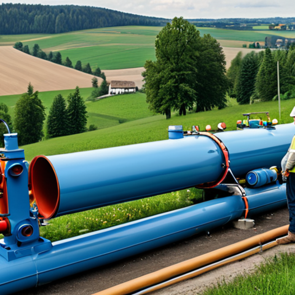 Retrofitting Gas Pipelines for Hydrogen**
"A cross-section illustration of an underground gas pipeline being retrofitted for hydrogen transport. Showing engineers in fully clothed, appropriate attire, inspecting the pipe with modern testing equipment. The surrounding environment is a rural German landscape. Clear diagrams highlight material testing and modifications. Safe for work, appropriate content, fully clothed, professional illustration, perfect anatomy, correct proportions, natural pose, high quality."
**