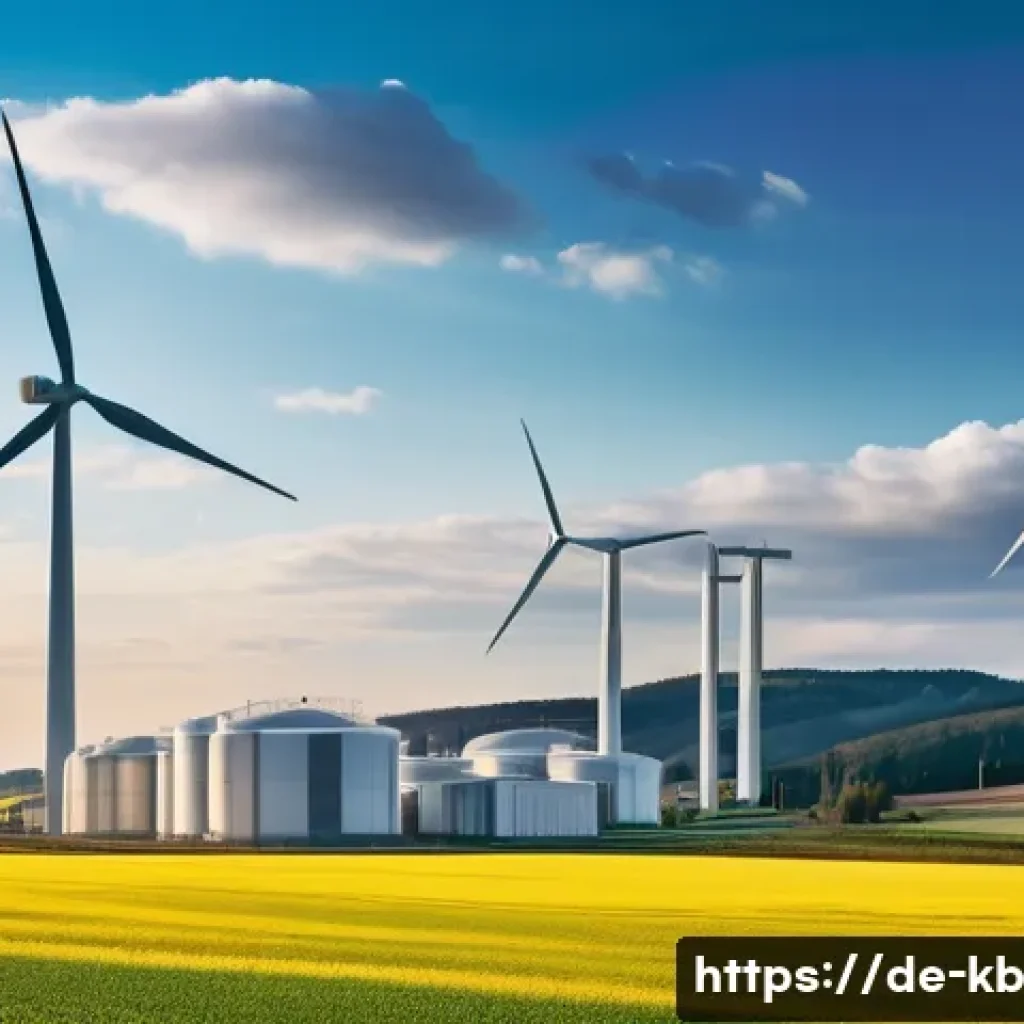 수소연료전지와 신재생 에너지의 융합 전략 - A futuristic German wind farm at sunset with large white wind turbines gently spinning, connected to...