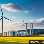 Home 20 수소연료전지와 신재생 에너지의 융합 전략 - A futuristic German wind farm at sunset with large white wind turbines gently spinning, connected to...