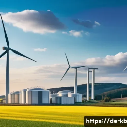 Home 32 수소연료전지와 신재생 에너지의 융합 전략 - A futuristic German wind farm at sunset with large white wind turbines gently spinning, connected to...