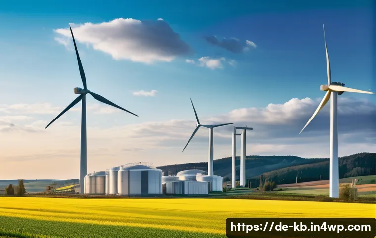 수소연료전지와 신재생 에너지의 융합 전략 - A futuristic German wind farm at sunset with large white wind turbines gently spinning, connected to...