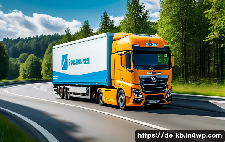 수소연료전지의 산업별 적용 사례 - A futuristic heavy-duty hydrogen fuel cell truck driving on a German autobahn near a green forest la...
