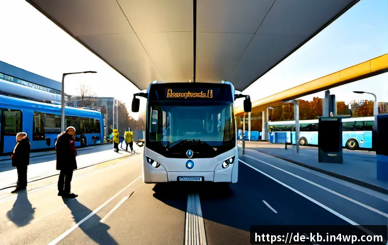 수소연료전지의 적용 가능성과 한계 - Photorealistic wide-angle scene of a hydrogen fuel-cell city bus refueling at a modern public statio...