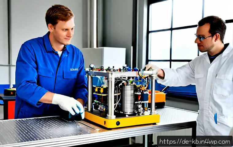 수소연료전지 설계 및 개발 과정 - Photorealistic German automotive engineering laboratory, diverse team of engineers in clean safety a...